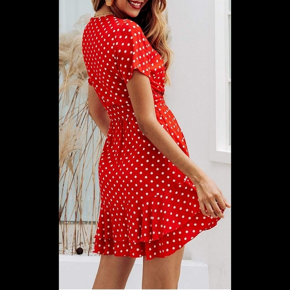 5 ⭐Red white ruffled hem polka dot mini sun dress - Picture 2 of 3